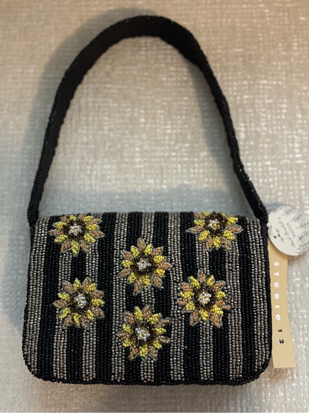 Studio 12 Black Beaded Shoulder Bag with Yellow Floral Accents